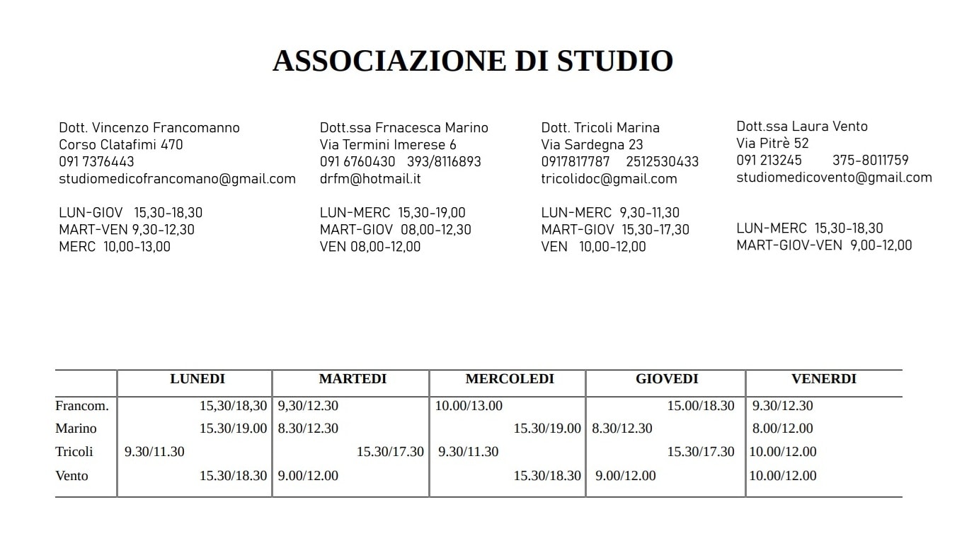 Orari medici in associazione con dottoressa Tricoli
